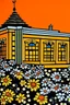 Placeholder: An orange colored desert palace with daisies painted by Roy Lichtenstein