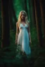 Placeholder: young woman small in stature Her features were soft, and her blonde hair framed her petite face.she wore was a thin white nightdress, which ended just above her knees. green/blue eyes. realistic 4k darkfantasy forest