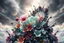 Placeholder: Dynamic complex hypnotic fractal 3D structures Symmetry twisting and morphing between cifi plants ,flowers and metal geometric forms , smooth translucent iridescent glass with inner glow and bubbles, varied transparent materials, stormy skies, intense dramatic