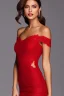 Placeholder: full body shot of young, beautiful Ozbek brunette with a perfect happy face with make up, wearing red lace off shoulder dress, in a dance club, hands on her hips