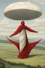 Placeholder: Giant massive huge in stature, majestic entity, hovering and floating over a large field landscape. the entity wears a white and red draped fabric that has printed on the material resembling stars. the fabric has also technological elements. you can see how big it is compared to a tiny human standing in front of it