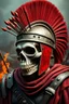 Placeholder: A Roman centurion, transformed into a skull adorned with darts, set against a heavy metal-inspired scene