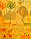 Placeholder: A light orange color savanna filled with animals designed in Australian aboriginal art painted by Paul Klee