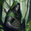 Placeholder: a dungens and dragon character human arcane archer, he is tall has dark long hair green eyes and a green hood.He has a longbowin his hand. made it full frame whith forest in background. In a sneaky pose.