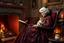 Placeholder: create an elegant old English parlor scene, noble elderly woman in richly detailed 1800s gown, seated by a roaring fireplace in a rocking chair, reading as a fluffy Persian cat with glowing green eyes rests on her lap, candlelight flickering, antique wallpaper, teacup and porcelain tray nearby --ar 3:2 --v 7 --style raw