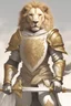 Placeholder: Lion man knight wearing white and gold armor, wearing a white and gold cape, holding a large sword and shield