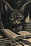 Placeholder: 1970's dark fantasy book cover paper art dungeons and dragons style drawing of a cat with minimalist far perspective