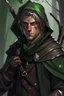 Placeholder: 35 year old male rogue elf, thief assassin, mauve hair, messy hair, bright green eyes, brown skin, black hood, black leather, messy, disheveled, trees, sneaky, bow and arrows, long and lean