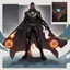 Placeholder: A commander in matte black robes with flaming eyes with grin with flaming light blue pupils stands atop a squire Two infinity gauntlets contain six infinity stones, one of which is made with nano In the hands of a powerful man walking While standing on a majestic height from afar