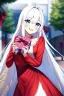 Placeholder: girl, masterpiece, best quality, cinematic lighting, detailed outfit, vibrant colors, perfect eyes, white hair, very long hair, blue eyes, valentine gift, sidewalk, under tree, laughing, sparkle, depth of field, indoors, god rays, glowing light, ray tracing, red dress,