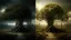 Placeholder: the last tree on earth, portal to a space near the tree on the left, on the right city of the future year 4222, very realistic,