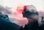Placeholder: A striking double exposure, blending a serene landscape of mountains and forests with a profile of a woman's face, set against a dramatic red sun and misty clouds, creating an ethereal atmosphere.