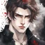 Placeholder: A portrait headshot of a confident looking young man with pale skin, red eyes, and brown hair in a dark modern setting with intricate details. He is wearing black and red casual clothes, an air of malevolent power surrounds him. watercolor splash art