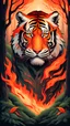 Placeholder: 一种风格化的肖像描绘,其中老虎充当两个对比世界之间的分界线。在左边,少火红色和橙色占据主导地位,火焰吞噬了树木。右边是一片焕然一新的森林,绿叶茂盛。老虎的造型夸张而富有艺术感,昂首挺廷胸,象征着大自然在不朽的精神和重生 的精神。