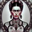 Placeholder: A beautiful portrait of Frida Kahlo, alphonse mucha & HR Gigger style, grain on the skin, tribal tatoos, high key lighting, volumetric light high details, full length clean art NFT, soft lighting, soft pastel gradients, high definition, blender 3d cinematic, op art, visionary art, sacred geometry, fractal, white balanced, lot's of grain on her skin, lot's of details in the background