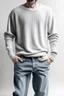 Placeholder: Man's wide leg light jeans and a half knitted jumper on a white t-shirt