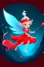 Placeholder: fantasy cartoon style illustration: mischievous ice fairy flying in the air with red magical wand