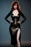 Placeholder: Christina Hendricks dressed in black leather gown, cyberpunk, busty, cleavage, volumetric lighting, particales,highly detailed,cinematic, deep colours,8