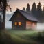 Placeholder: wooden house in the village morning dawn mist