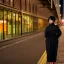 Placeholder: A beautiful slender older Asian woman with short black hair and a black trench coat, waiting for a man at night at a train station in London