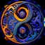 Placeholder: yin-Yang symbol, hyper detailed, photorealistic, hyper detailed, hyper defined, orange, azul, purple, yellow, DMT art