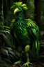 Placeholder: big bird 9feet tall with dark green feathers, in a Amazonian forest. looking mysterious and and having a human posture, and make it looking like he wears a costume of his feathers and make it looking mysterious add more green a and add a human next to. make the bird more like an human, make it scary and mysterious add a human next to bird