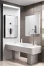 Placeholder: create poster of an elegant and sleek bathroom design, with a futuristic touch, showcasing a wall-mounted automatic soap dispenser next to a sleek contemporary wash basin cabin. The dispenser releases a stream of liquid soap, captured mid-air, while a hand reaches out to catch it. The overall style is modern and minimalistic, with clean lines and a monochromatic color palette. The image is captured using a high-resolution camera to highlight the intricate details of the design. This poster would