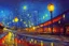 Placeholder: Night, lanterns, futuristic buildings near trees, highway, sci-fi, impressionism painting