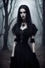 Placeholder: a mystic beauty goth woman with pale skin, black-silver hair, , goth style makeup. She wearing a stylish nice black dress, she gazes mysterious , mystic dark vibe, fog, shadows