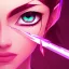 Placeholder: crystal clear blue eyes, and dark pink hair, teardrop shaped eyebrows, woman, angry expression, pointy ears