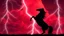 Placeholder: full silhouette of a horse rearing up(on right, facing left, outlined by lightning), red cloudy sky, lightning bolts(from top left, to bottom right), digital illustration