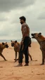 Placeholder: A man standing in the desert sands surrounded by hyenas try to attack him and he is trying to defend himself one of the hyenas attack him from the back stormy weather and cloudy gray depressive rnverment