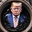 Placeholder: sad Donald Trump inside a barrel of crude oil, covered by dark slime