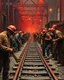 Placeholder: Bosch painting style ,nightmare, a lot of blacksmiths and construction workers holding shavles and construction tools working on train tracks building and digging and moving a train tracks all red