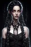 Placeholder: Young beautiful female Hexblood character . Bright glowing pale eyes. Long, thick, silky jet-black hair reaching her waist, with a center part and two loose Dutch braids starting at her temples, flowing into the rest of her straight hair. A few soft strands frame her face. Thin dark vine-like markings spread across neck and collarbone as a sign of an ancient curse.