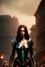 Placeholder: Tiefing assassin character, yellow eyes, dark hair, dark armor, waist up portrait, Demonic tail, light red skin, hyperrealistic, intricate details, insanely detailed, cityscape background, natural lighting