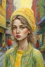 Placeholder: pretty girl with a beautiful clear ultra detailed serene face walking on the street inspired by Jana Mochwan, Javek Yerka, Daniel Merriam, bright fresh color scheme with yellow, lemon green, and red color, highly contrast by Dee Nickerson extremely detailed high definition crisp quality