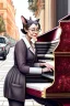 Placeholder: One single mature cat lady playing piano on the street, Vienna, friendly, model style, hyper realistic, extremely accurate, delicate, extremely detailed, Graphic novel style, wide-angle, open aperture, superfine pencil