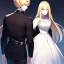 Placeholder: anime couple, female is wearing white dress, female is short, female has long hair, female has blonde hair, female is standing forward, male is tall, male is wearing black coat, male has short hair, male has drown hair, male is walking away. female is wearing a white dress