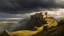 Placeholder: Photorealistic ruined castle in the distance overlooking a valley, on a cliff top, warm-toned stormy clouds