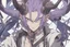 Placeholder: anime man with ram horns, fangs, messy purple hair and blue eyes