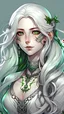 Placeholder: Realistic brutalist anime art style. A magical woman, lean, porcelain skin with few scars. Ice green eyes. Very long white hair with wavy texture in a braid. With many tattoos and piercings. Wearing an open jacket with faint patterns that shimmer. Silver plating covering most vulnerable areas.