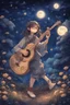 Placeholder: Under a starry night sky, the girl with glasses strums his guitar, his music echoing in the peaceful ambience of the Ghibli style anime night, intricately hand-drawn for a magical effect.