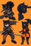 Placeholder: cat 2d, knight, ninja, black fur,full body, orange torn coat,game character, strong, anime, chibi