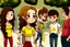 Placeholder: a cute chibi spanish man with short curly brown hair cropped at the back in yellow T-shirt and jeans with a cute chibi contented girl with long brown hair and brown eyes in a red elegant jumpsuit and red high heels, and a chibi girl with blonde brown hair in a beige dress dancing dynamically in Madrid in the Retino park, in the moonlight, ethereal, cinematic postprocessing, airplane in the sky