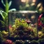Placeholder: horrific venus fly trap with needle sharp teeth in a glass square terrarium with other vegetation, sharp focus, high contrast, dark tone, bright vibrant colors, cinematic masterpiece, shallow depth of field, bokeh, sparks, glitter, 16k resolution, photorealistic, intricate details, dramatic natural lighting