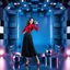 Placeholder: make a picture pretty stage made of metallic blue-gray teme 3d recursive cubic and sphere and cylinder base structures and a beautiful fashion model lady posing with cute in black and white and the scene is in color,with dark red top and pretty pleated midi skirt ,makeup curvy long hair,dynamic camera zoom to full body and pan, dynamic lights.