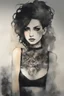 Placeholder: an abstract and serene ink wash and watercolor lithographic illustration of a tattooed goth girl with highly detailed hair and facial features , finely drawn and inked, 4k, hyper detailed and vibrantly colored in the comic art style of Bill Sienkiewicz and Frank Miller