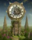 Placeholder: Create a 3d fractal base huge clock on a beautiful tower in a modern town with country houses and green field flowers , with see throgh golden gears rotating , showcasing a harmonious and synchronized movement. fast time passing in a beautiful nature environment