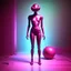 Placeholder: A hyper-realistic 3D Surreal digital painting, magenta droid mechanic, rich deep teal background, dreamlike imagery, fantastical elements, perfect body ,dymond , boots